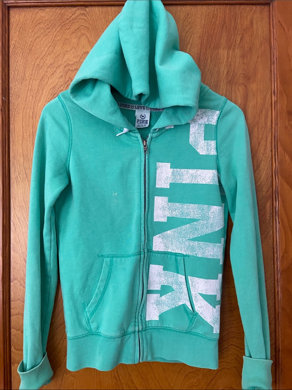 PINK Victoria's Secret Mint Green Zip Hoodie with Vintage Lettering